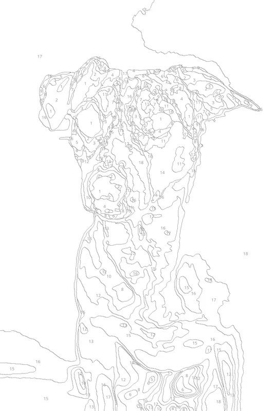 The puppy photo turned into a paint-by-number outline by a free generator, with many tiny areas and crowded numbers