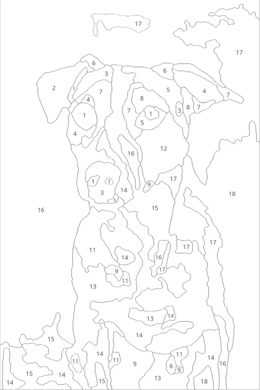 The same puppy as Paintkin's outline, with fewer, larger areas and a clear number in each