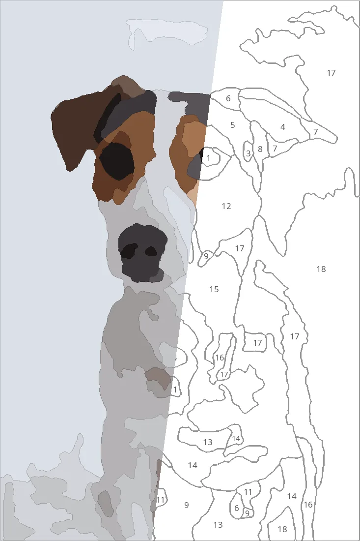 The puppy as a numbered paint-by-number outline, with the left part filled in with its colours