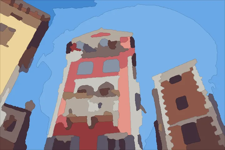 The townhouses as a paint-by-number pattern painted in its colours