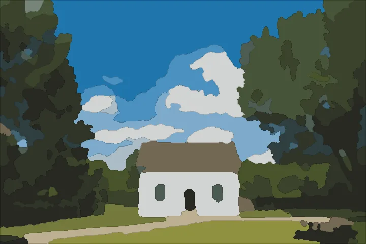 The cottage as a paint-by-number pattern painted in its colours