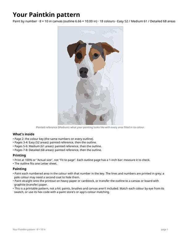 The PDF's cover page with the painted puppy and printing instructions