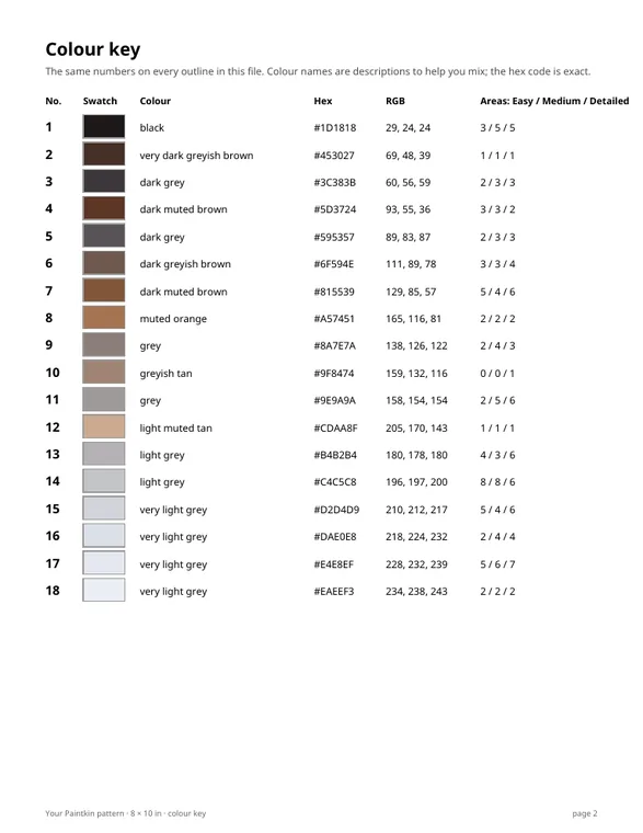 The colour key listing 18 numbered colours with swatches and hex codes