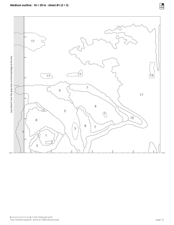 One sheet of the 16 by 20 inch outline with a grey overlap strip and alignment marks